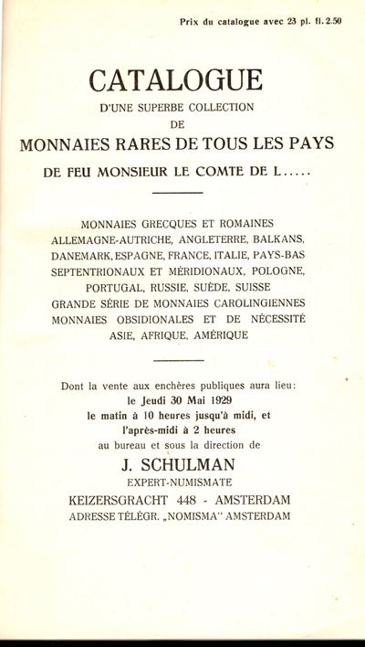Schulman J., Catalogo della collezione di monete rare del Conte di L…, Amsterdam, 30 Maggio 1929