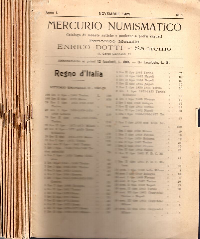 DOTTI Enrico, Sanremo: Listini a prezzo fisso dal N. 1 Novembre 1923 al N. 24 Aprile 1927