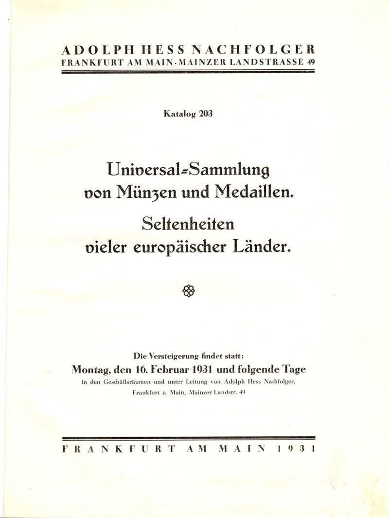HESS A., Katalog 203. Universal Sammlung von Münzen und Medaillen