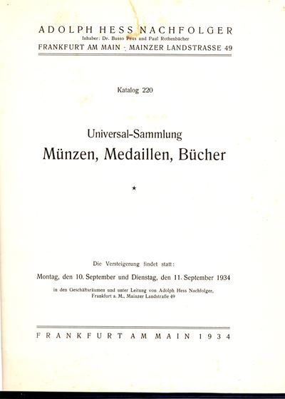 HESS A., Catalogo 220 della Collezione Universale di Monete e Medaglie