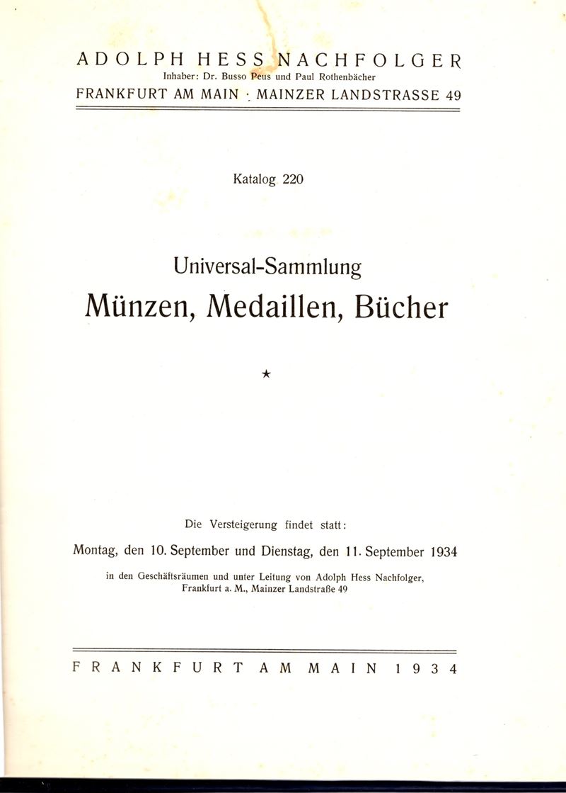HESS A., Catalogo 220 della Collezione Universale di Monete e Medaglie