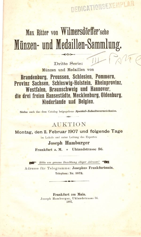 HAMBURGER J. - Max Ritter von Wilmersdorffer'sche. Minzen und medailllen - sammlung.