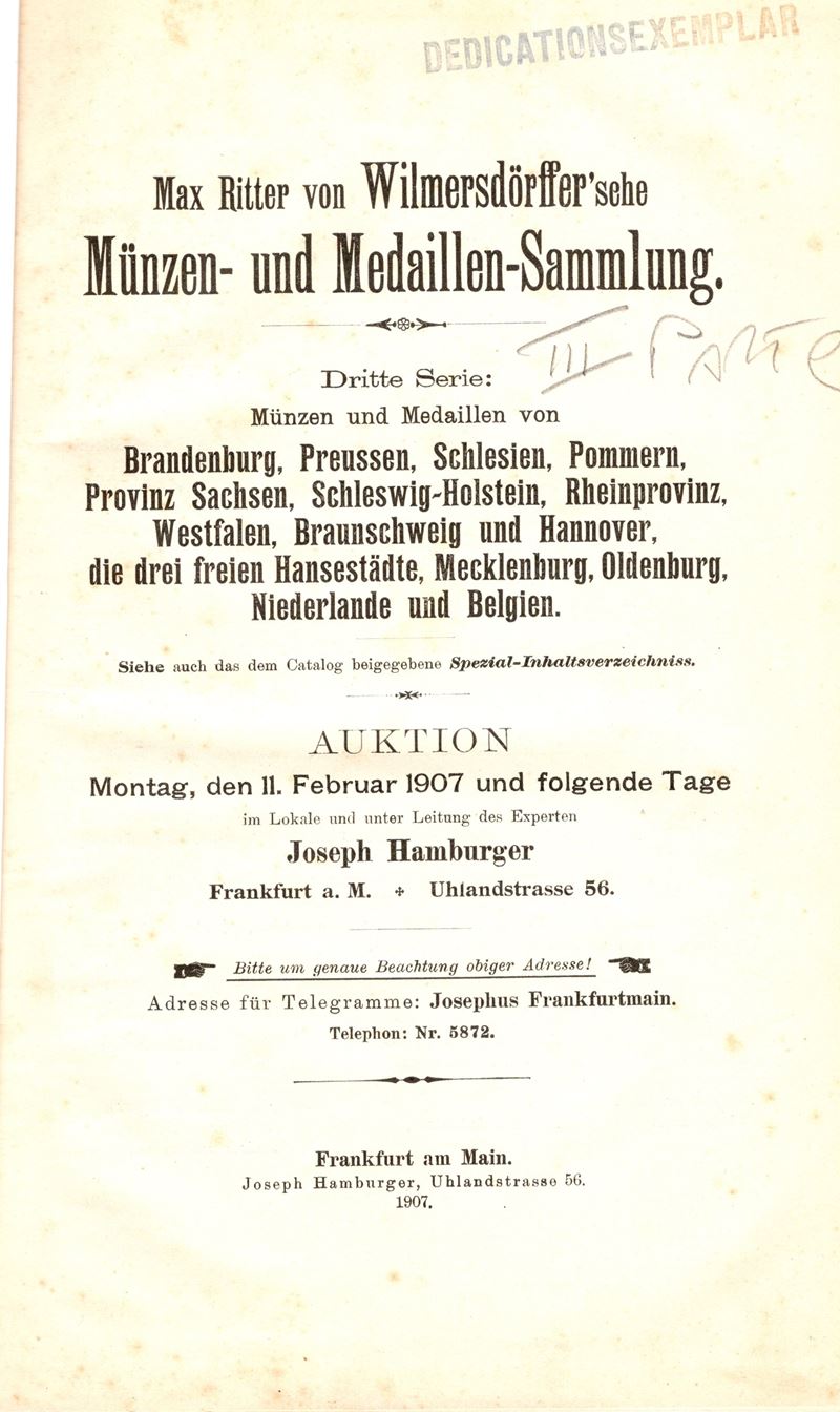 Hamburger J., Max Ritter von Wilmersdorffer'sche. Minzen und Medaillen - Sammlung