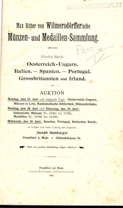 Hamburger J., Max Ritter von Wilmersdorffer'sche. Minzen und Medailllen - Sammlung. Fünfte Serie