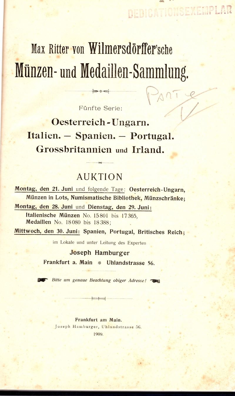 Hamburger J., Max Ritter von Wilmersdorffer'sche. Minzen und Medailllen - Sammlung. Fünfte Serie