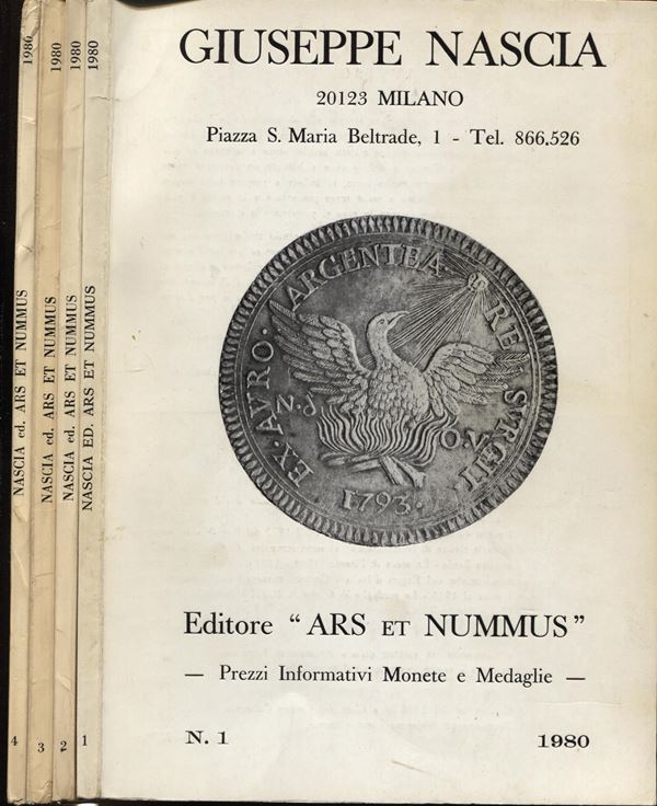 ARS  ET NUMMUS. Milano, 1980. Listini a prezzo fisso ( 4 fascicoli 1980 ) completo. Monete greche, romane, medioevali, medaglie e libri, con tavole di  ill. Ril. ed. buono stato, rari. Ottima documentazione NO RETURN.