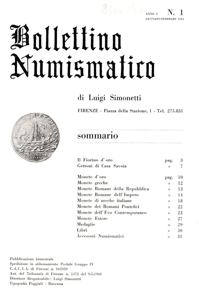 Simonetti L., Bollettino numismatico, Dal 1 al 6, 1964, completo di supplementi