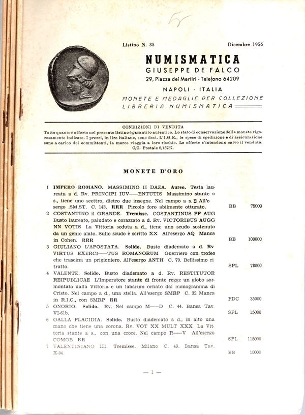 DE FALCO  G. - 4,  listini a prezzo fisso dal 35 Dicembre 1956 al n 38 Settembre 1957.  brossura editoriali, buono stato, molto rari.