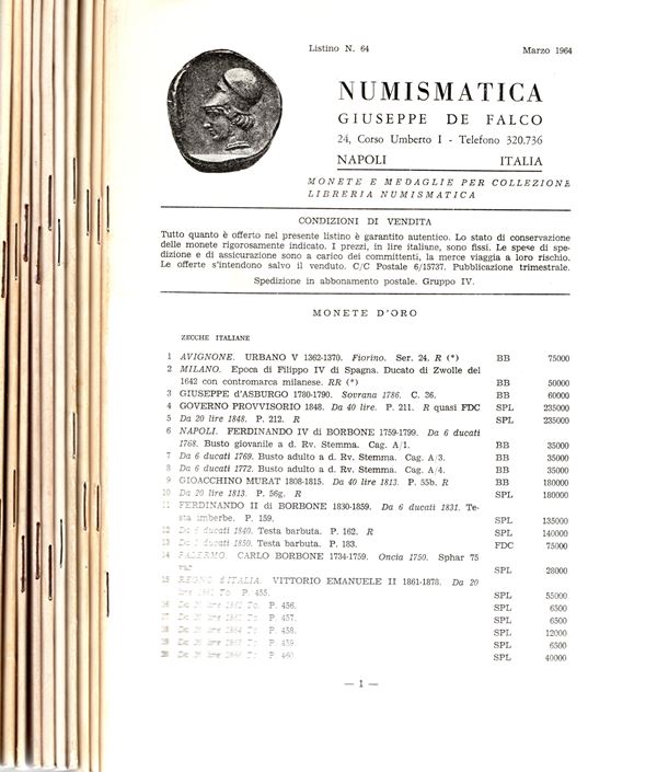 DE FALCO  G. -  10 listini a prezzo fisso dal n. 64, Marzo, 1964 al n. 82 Settembre, 1969. alcuni con tavole, mancanti n 67, 69, e dal 76 all'81. brossura editoriali, buono stato.