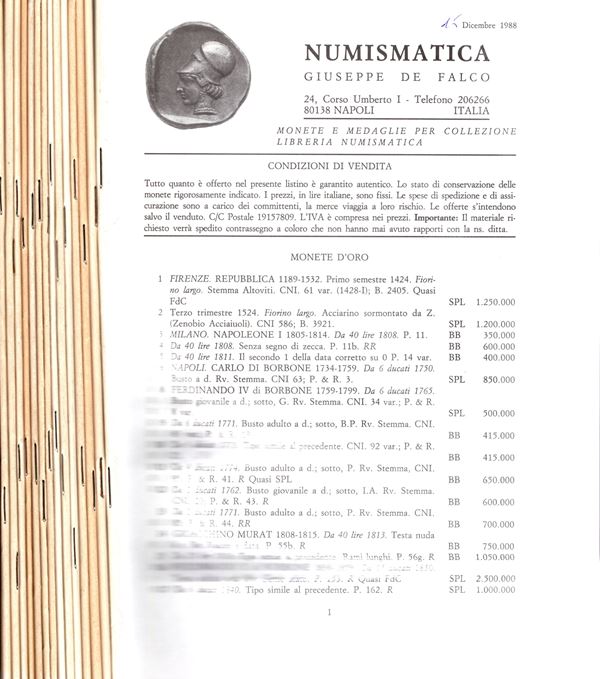 DE FALCO  G. - 11 listini a prezzo fisso( nuova serie) dal n. 1 Maggio, 1975 al n. 15 Dicembre, 1988. alcuni con tavole. brossure editoriali, buono stato, molto rari.
