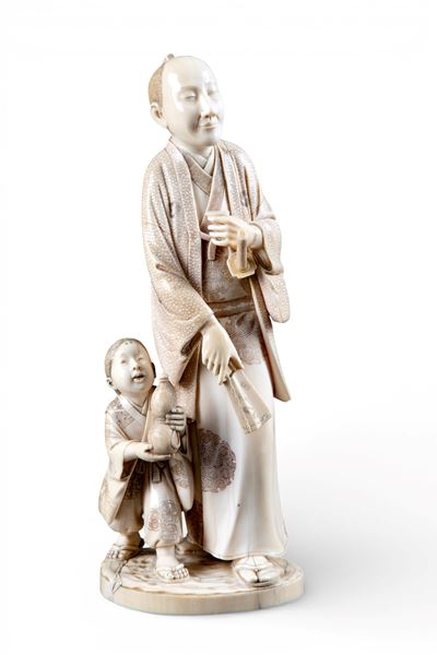 Okimono in avorio, Samurai con bambino, periodo Meiji