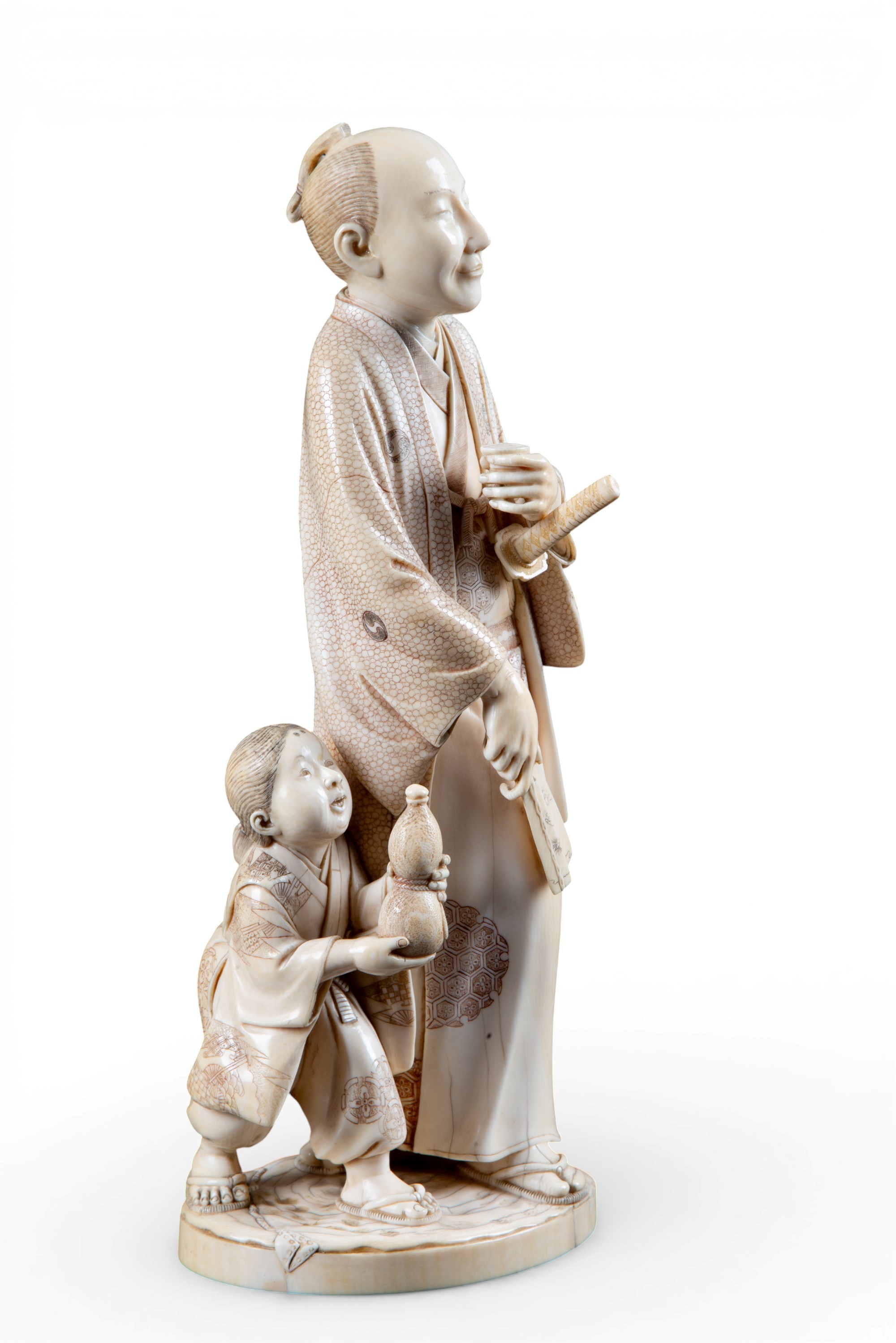 Okimono in avorio, Samurai con bambino, periodo Meiji