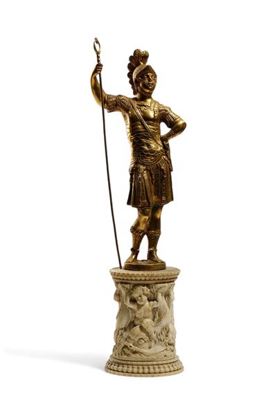 Scultura in bronzo dorato con base in avorio, allegoria di Marte (Germania o Austria, XVI–XVII se...