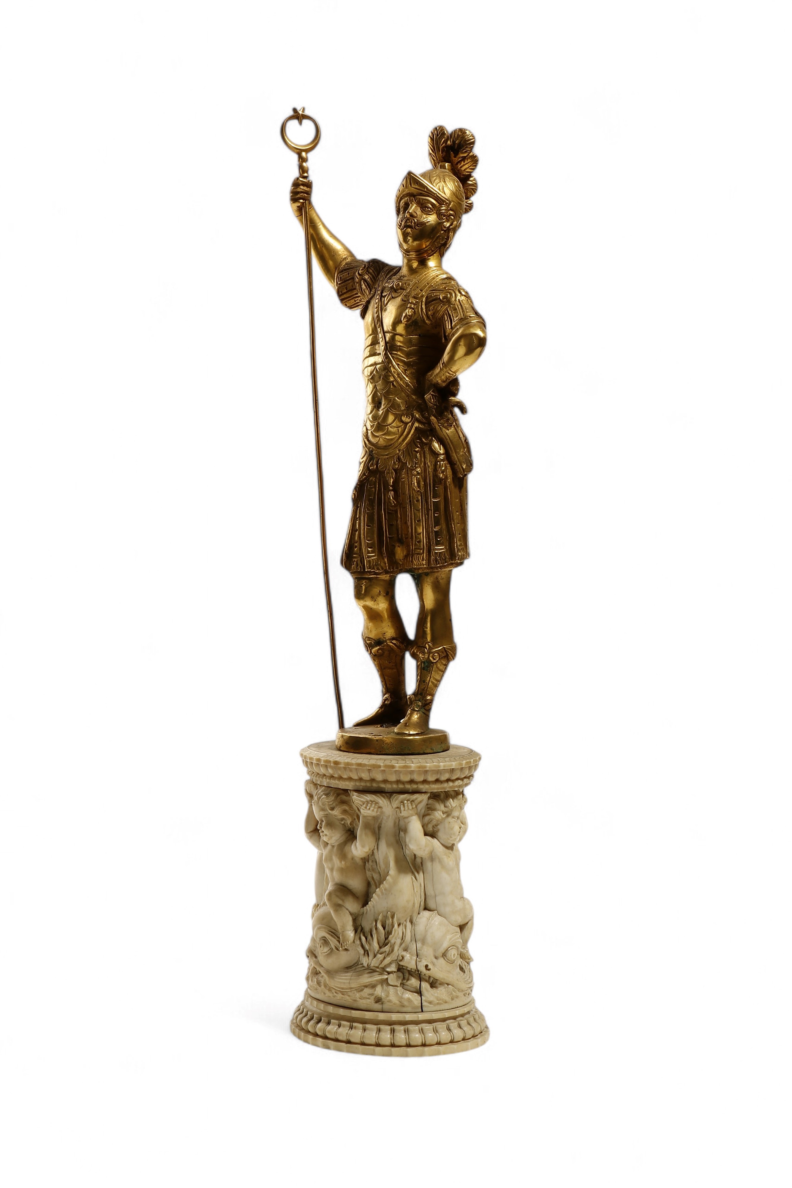Scultura in bronzo dorato con base in avorio, allegoria di Marte (Germania o Austria, XVI–XVII se...
