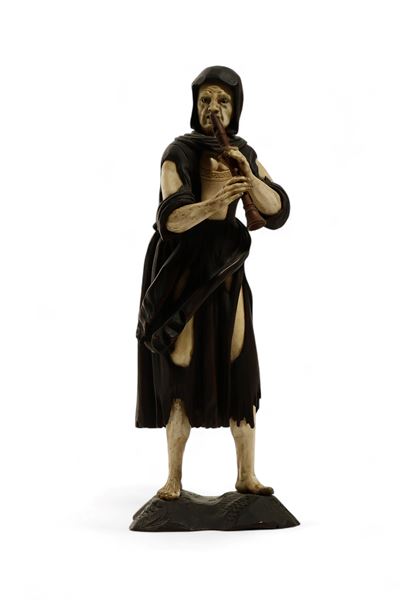 Simon Troger, Scultura in legno di tiglio e avorio raffigurante un musicista mendicante