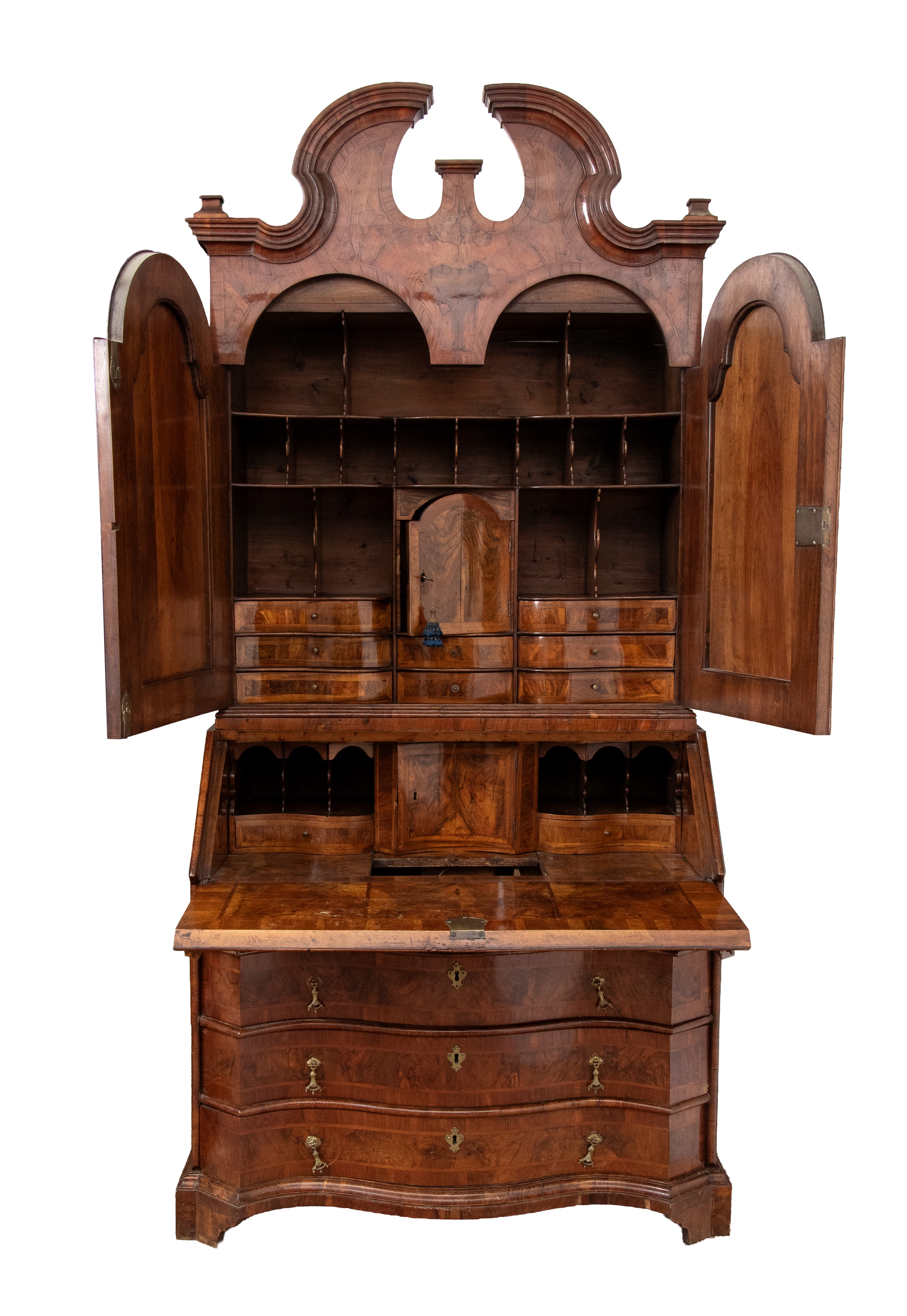 Trumeau a ribalta in radica di noce con alzata a specchi