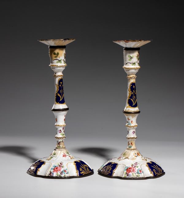 Pair of Bilston enamel candlesticks