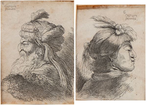 Giovanni Benedetto Castiglione Il Grechetto - Testa di d'uomo volto a destra | Testa di vecchio volto a sinistra