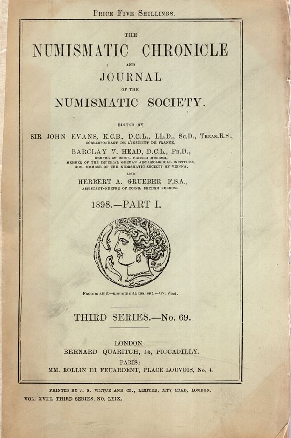 NUMISMATIC CHRONICLE -  London, Part I - 1893. pp 96+, plates 8. Legatura ed. sciupata, interno ottimo stato, raro.