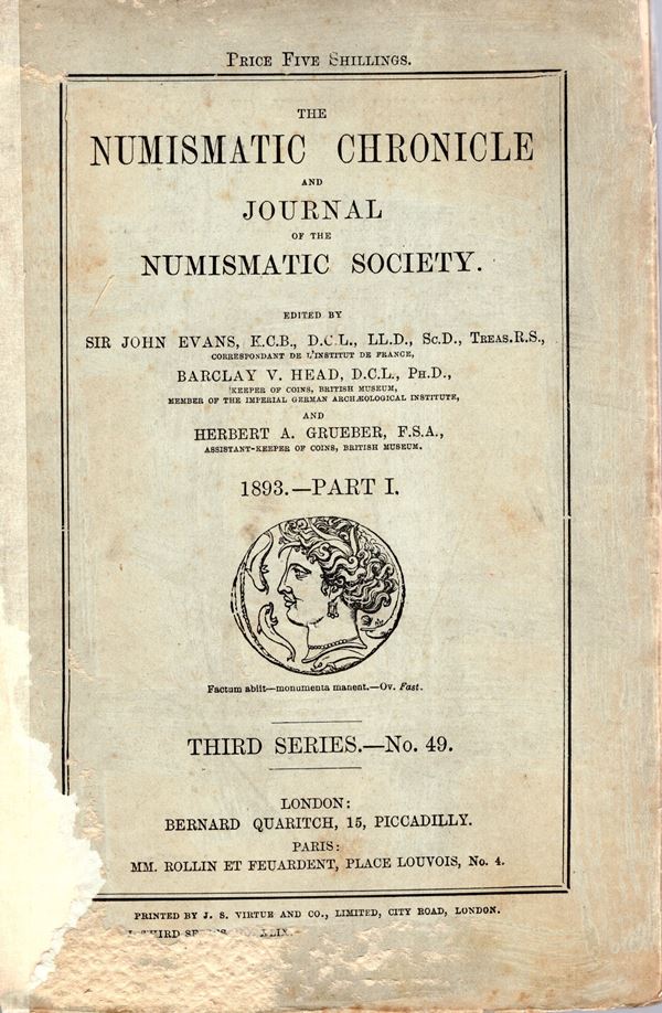 NUMISMATIC CHRONICLE -  London, Part I - 1898. pp 80, plates 6. Legatura ed. molto sciupata sciupata, manca la brossura posteriore,  interno ottimo stato, raro. Indice; Wroth W. - Greek coins aquired by the British Museum. - Montagu H. - On a find of coins at fischenich, near Cologne. - Evans John - Find of coins at Nesbo, Norway. - Lawrence L A. - Silver coins of Edward III.