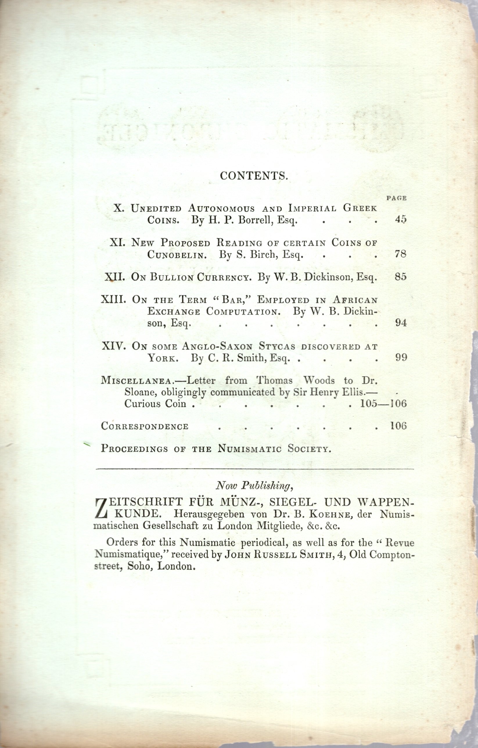 NUMISMATIC CHRONICLE, London, luglio 1844 - Pagine 45-106, 2 tavole