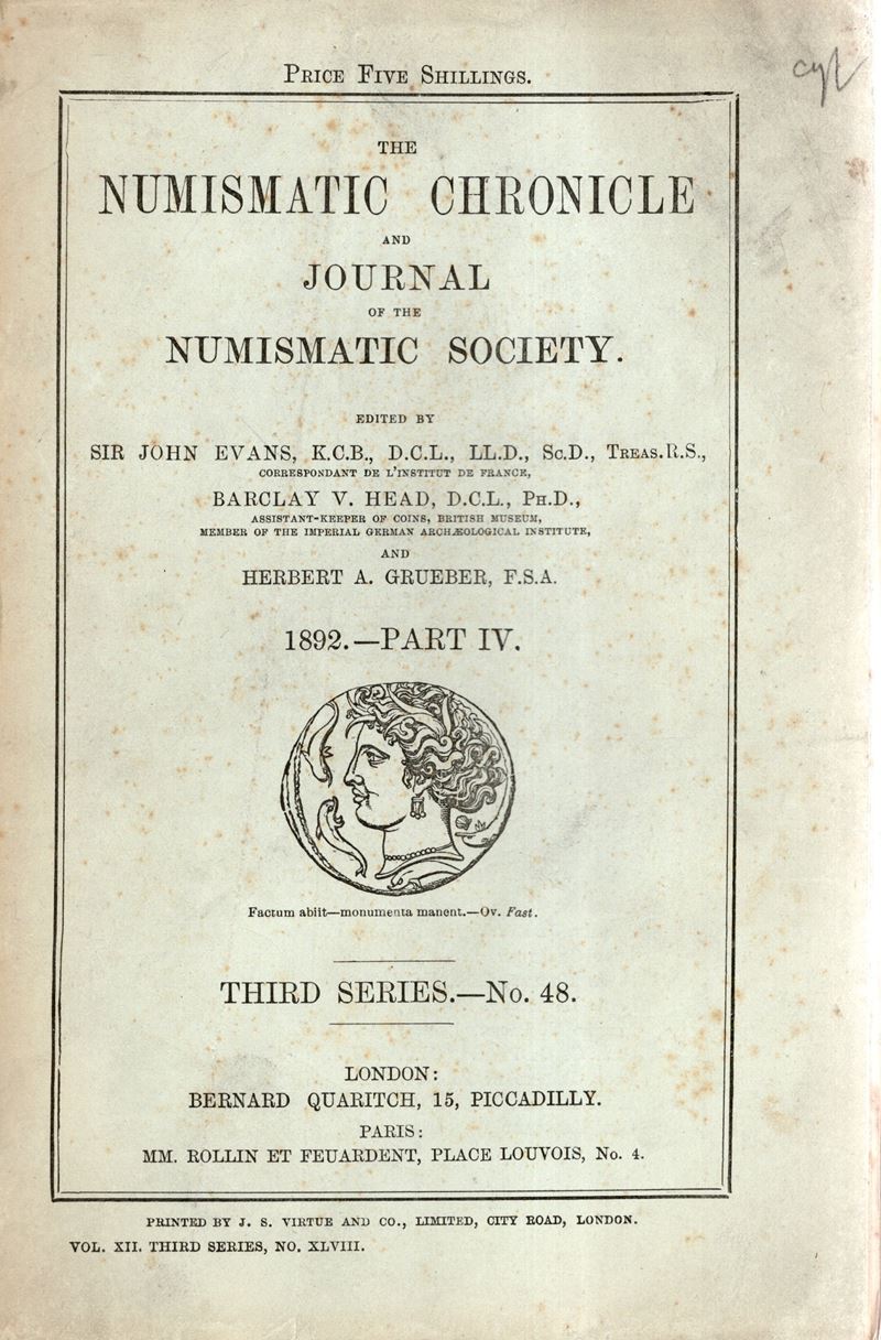 NUMISMATIC CHRONICLE, London, Part IV - 1892