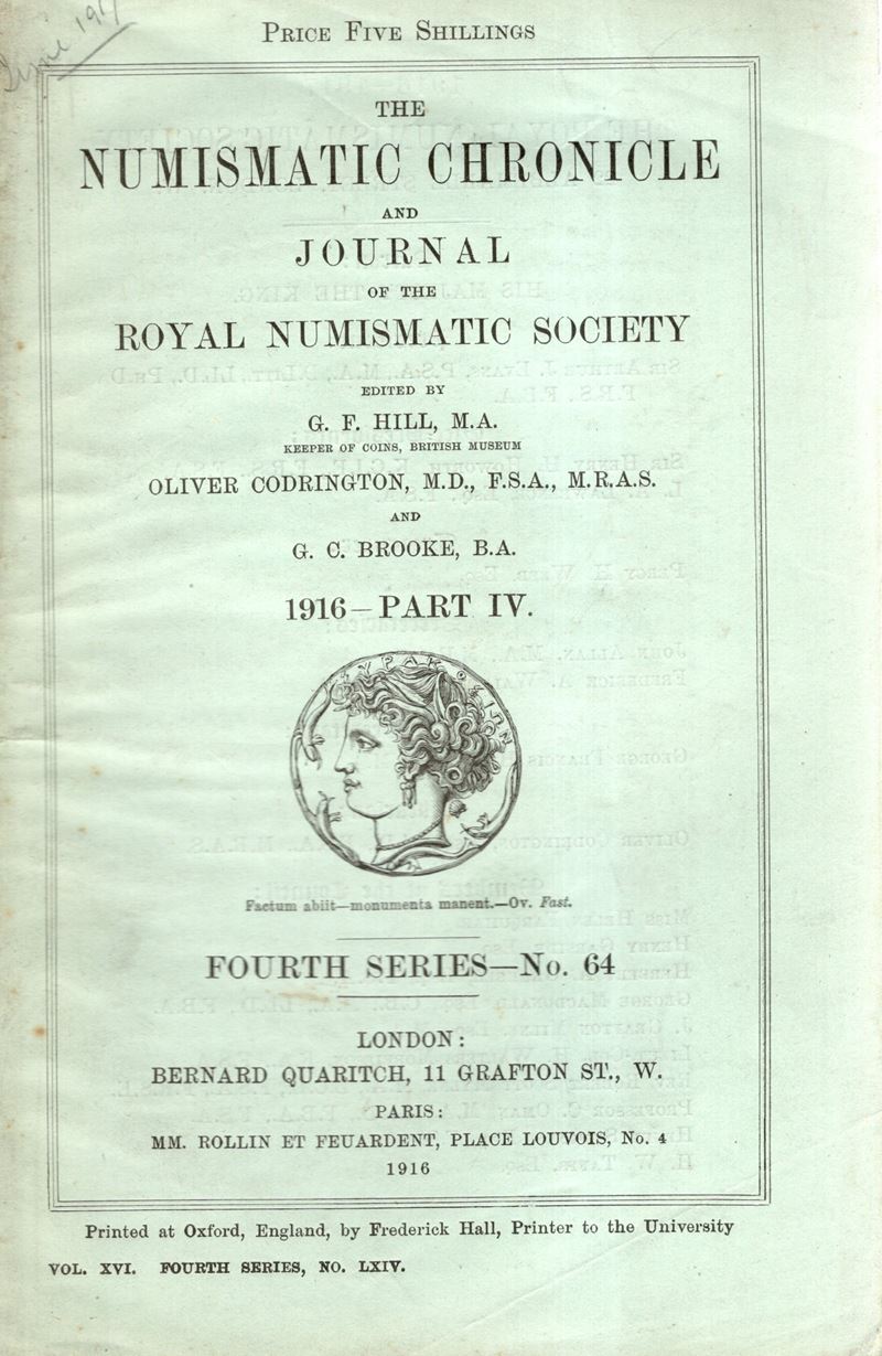 NUMISMATIC CHRONICLE, London, Part IV - 1916, pp. 282-416 con 16 tavole