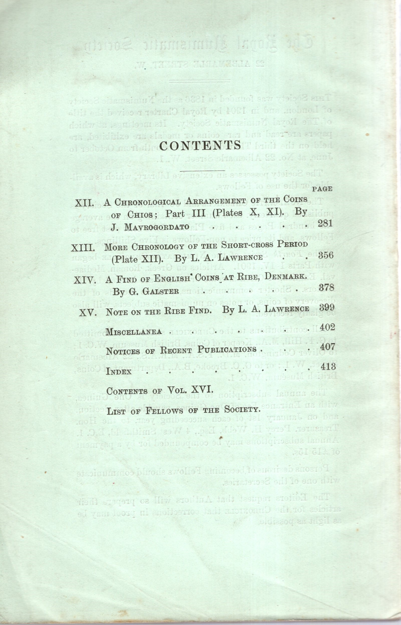 NUMISMATIC CHRONICLE, London, Part IV - 1916, pp. 282-416 con 16 tavole