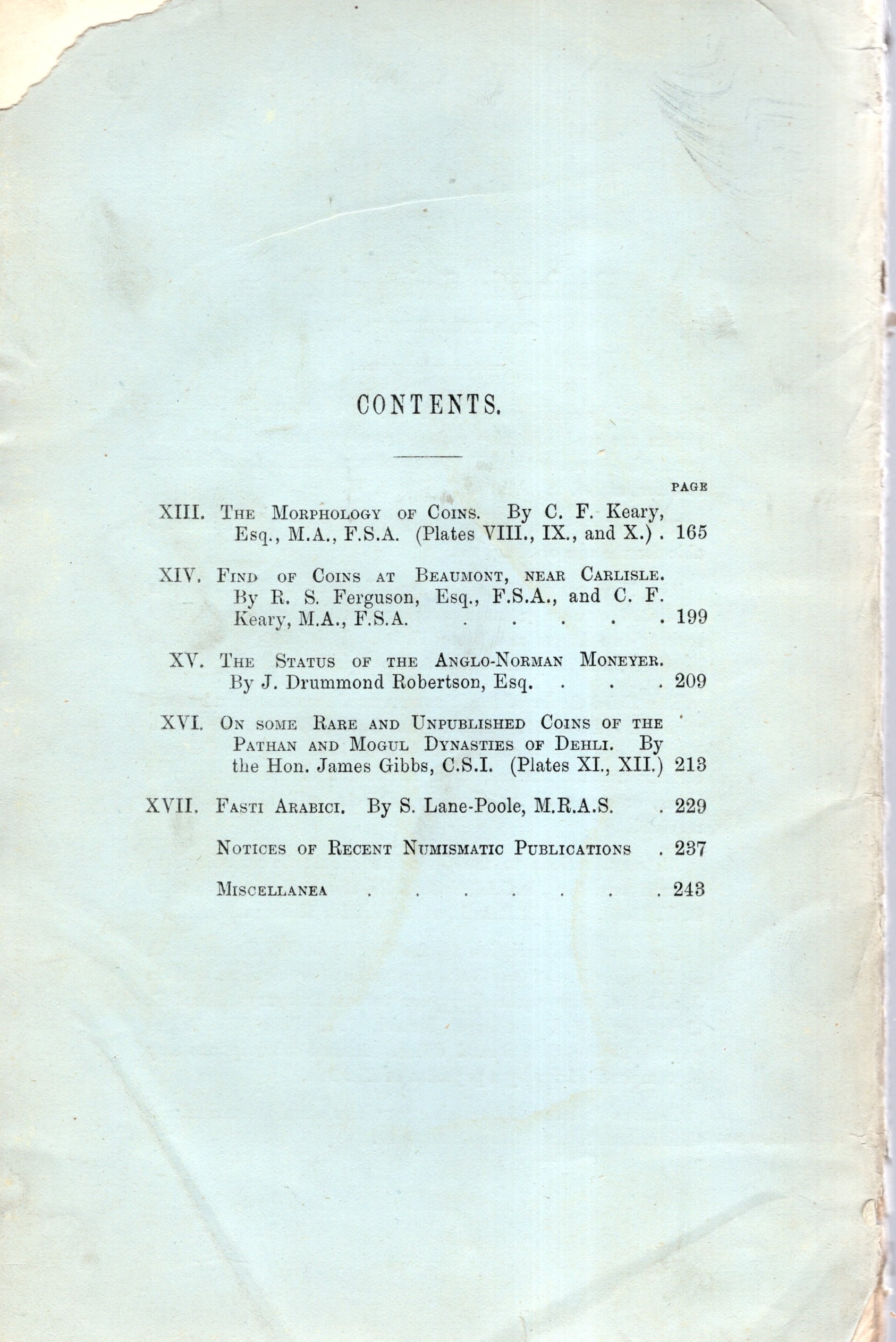 NUMISMATIC CHRONICLE, London, Part III - 1885, pp. 165-248, con 5 tavole