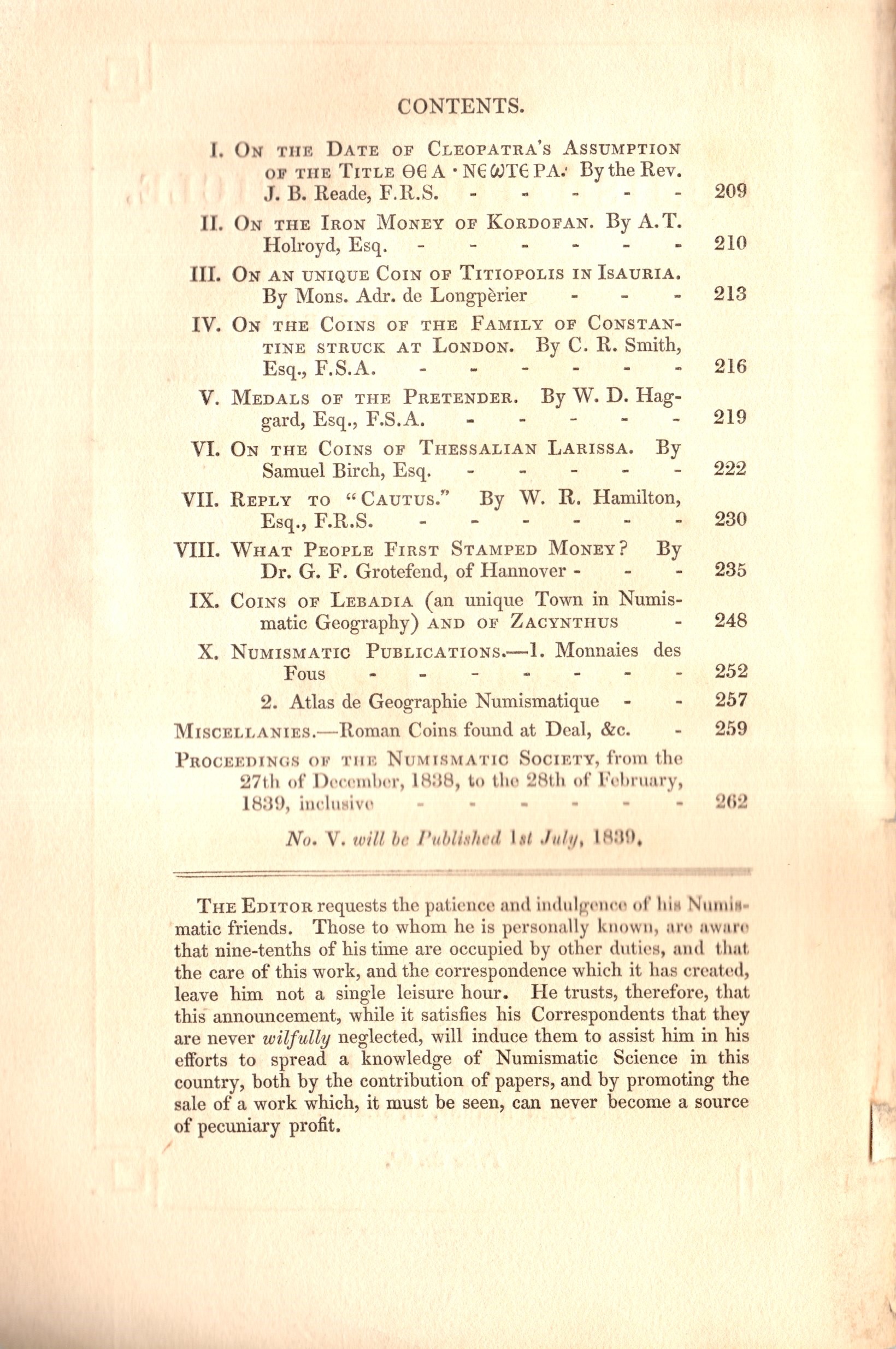 NUMISMATIC CHRONICLE, Londra, Aprile 1839, Volume IV, Pagine 209-264, Plance 1