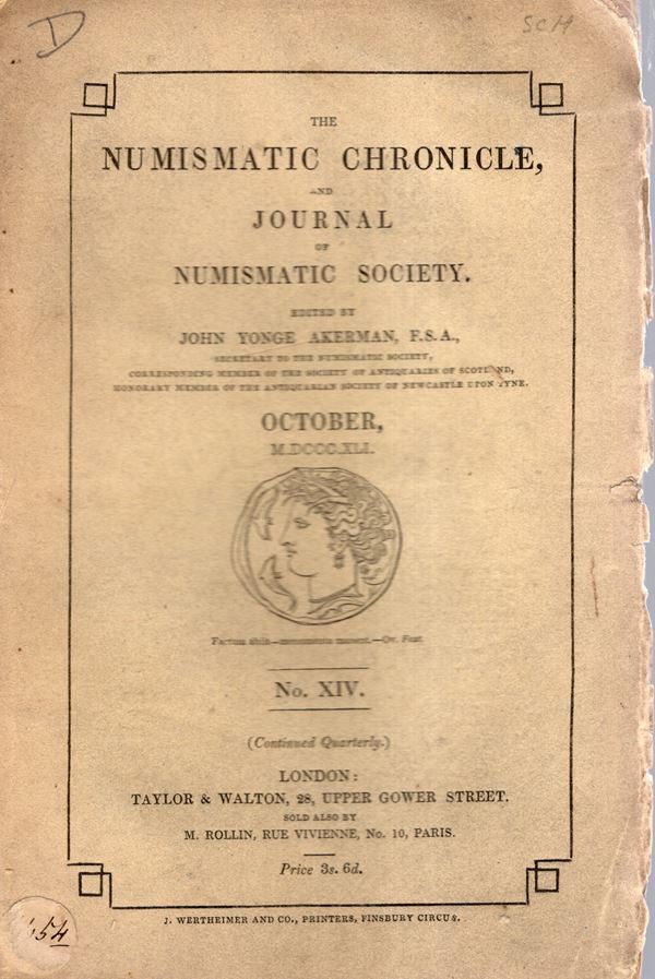 NUMISMATIC CHRONICLE -  London, October, 1841. Pp 127-186, plates 1. Legatura ed, sciupata, interno buono stato, molto raro.