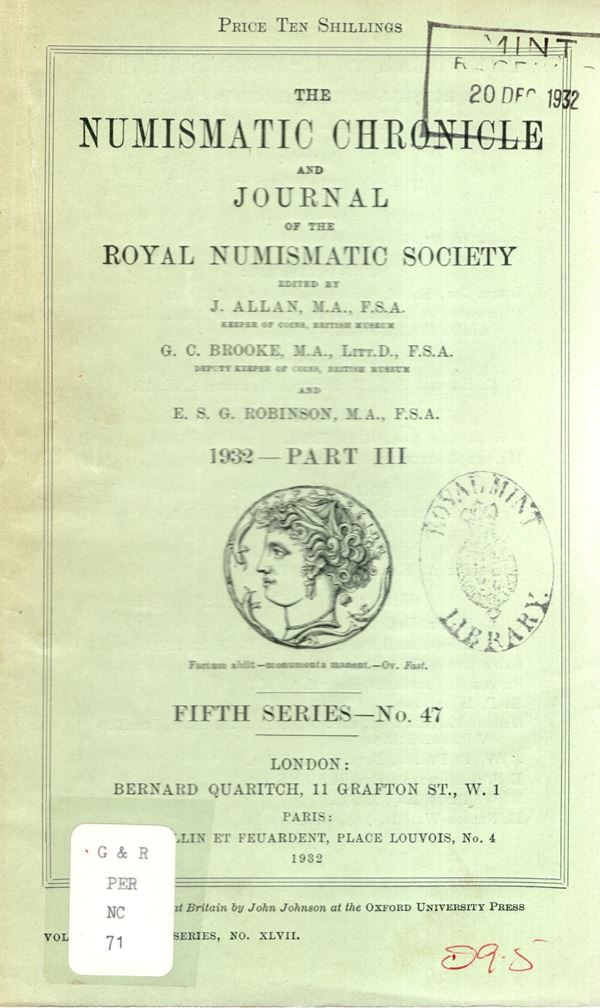 NUMISMATIC CHRONICLE -  London, 1932. 4 fascicoli, completa. Pp 316, plates 20. Legatura ed, sciupata, interno buono stato,  raro.