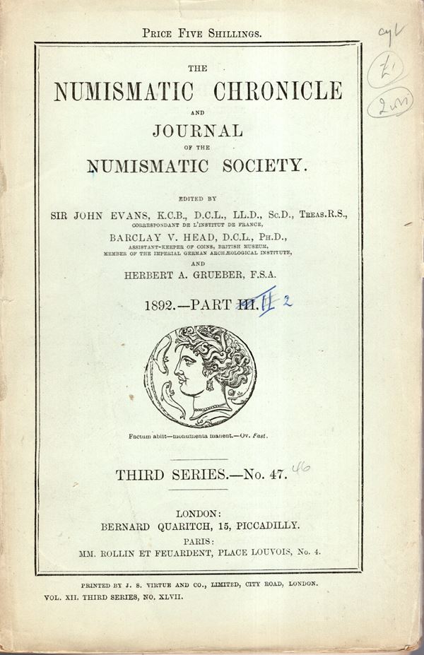 NUMISMATIC CHRONICLE -  London, part II, 1892. Pp 89- 184, plates 6 Legatura ed, sciupata, manca la brossura posteriore, interno buono stato, molto raro