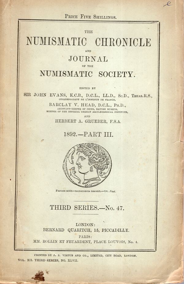 NUMISMATIC CHRONICLE -  London, part III, 1892. Pp 185- 256, plates 3 Legatura ed, sciupata, manca la brossura posteriore, interno buono stato, molto raro