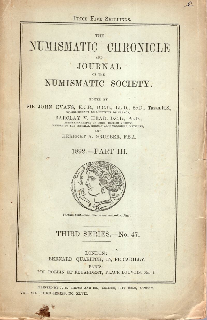NUMISMATIC CHRONICLE, London, Part III, 1892