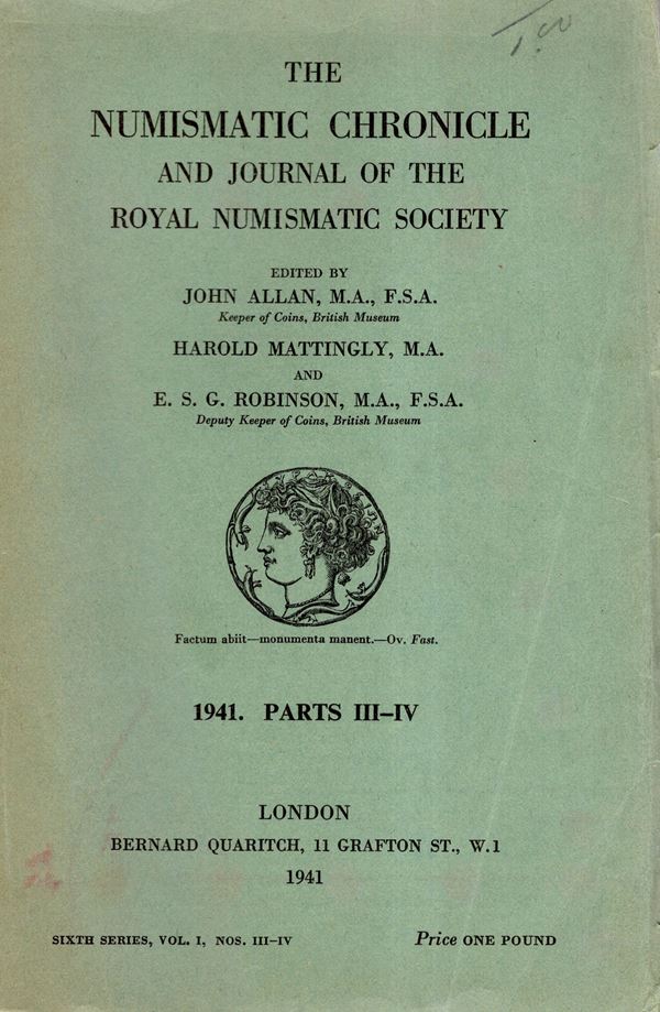 NUMISMATIC CHRONICLE -  London, part III - IV 1941. Pp 97- 176, plates 8 Legatura ed, sciupata,  interno buono stato, molto raro e importante