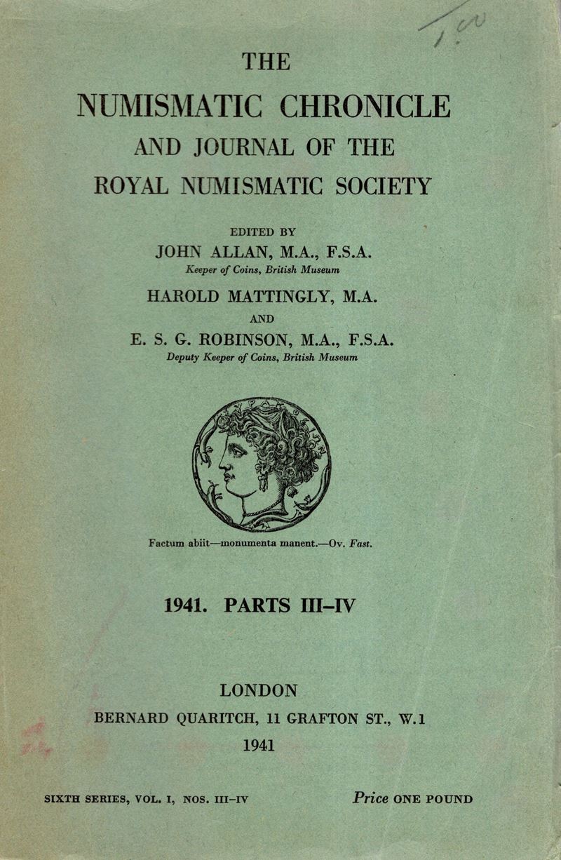 NUMISMATIC CHRONICLE, London, Part III - IV, 1941, Volume con Legatura Editoria