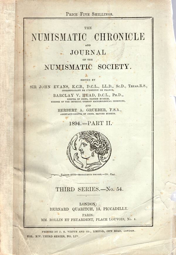 NUMISMATIC CHRONICLE -  London, part II, 1894. Pp 89- 188 , plates 1 Legatura ed, sciupata, interno buono stato, molto raro