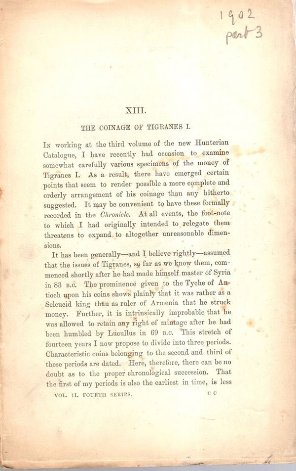 NUMISMATIC CHRONICLE -  London, part III, 1902. Pp 193- 312 , plates 7 Legatura ed, sciupata, manca la brossura anteriore,interno buono stato, molto raro