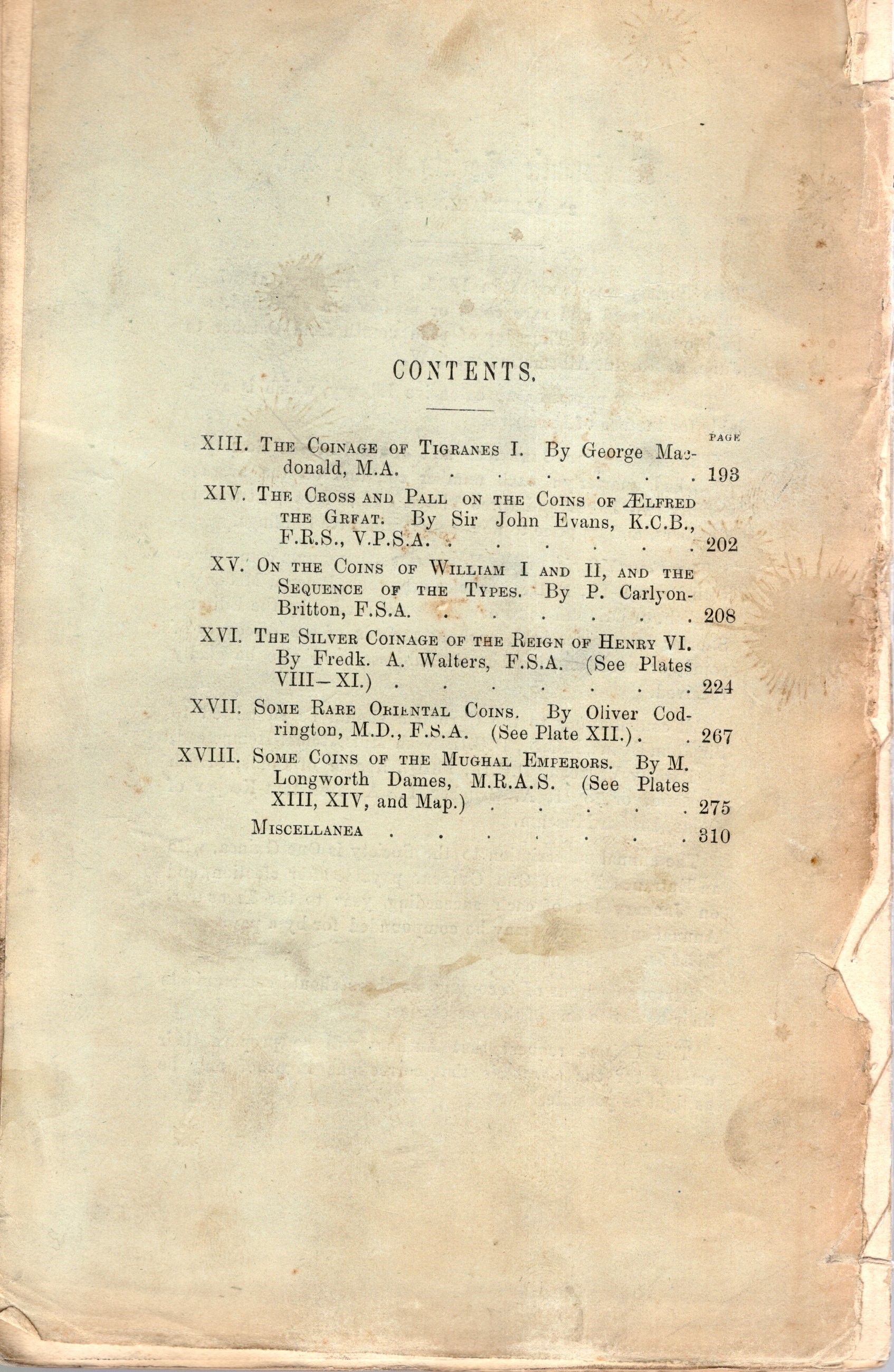 NUMISMATIC CHRONICLE, London, Part III, 1902. Pp. 193-312, 7 tavole