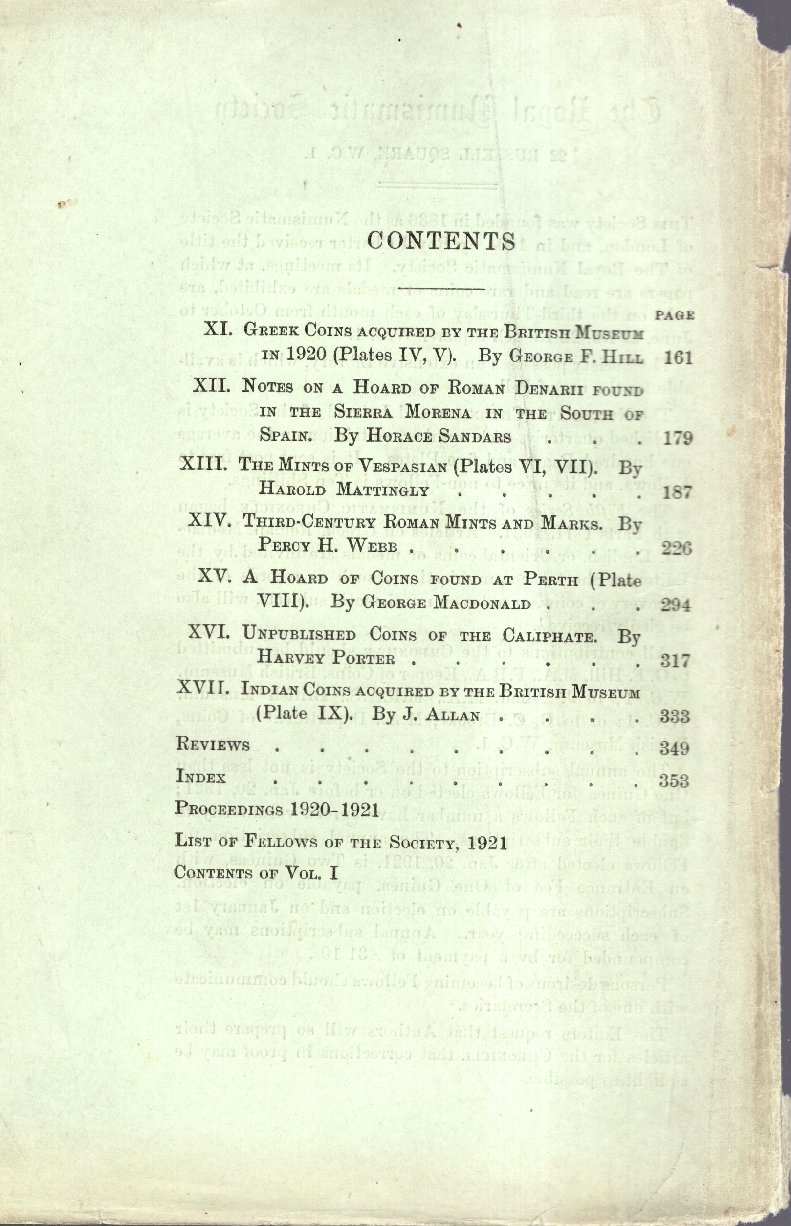 NUMISMATIC CHRONICLE, London, Part III - IV (1921)