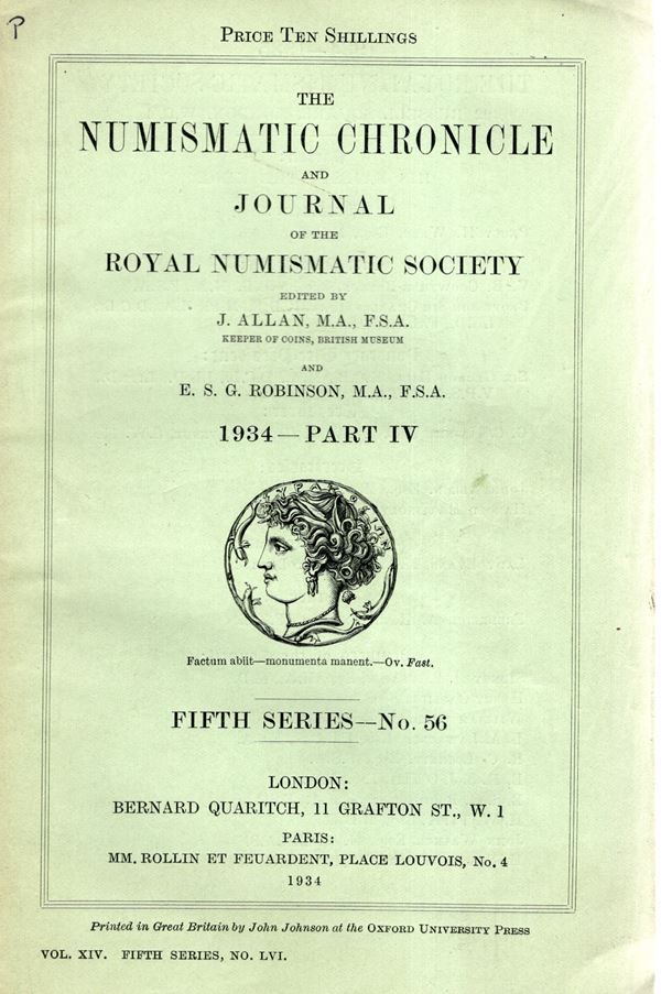NUMISMATIC CHRONICLE -  London, part IV 1934. Pp 229- 316,+ altre,  plates 9 Legatura ed, sciupata, ,interno buono stato, molto raro