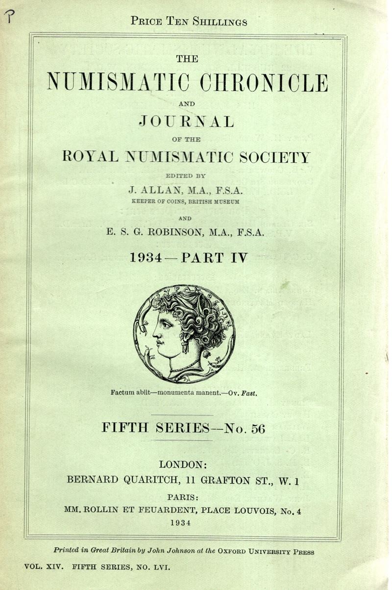 NUMISMATIC CHRONICLE, London, Part IV, 1934