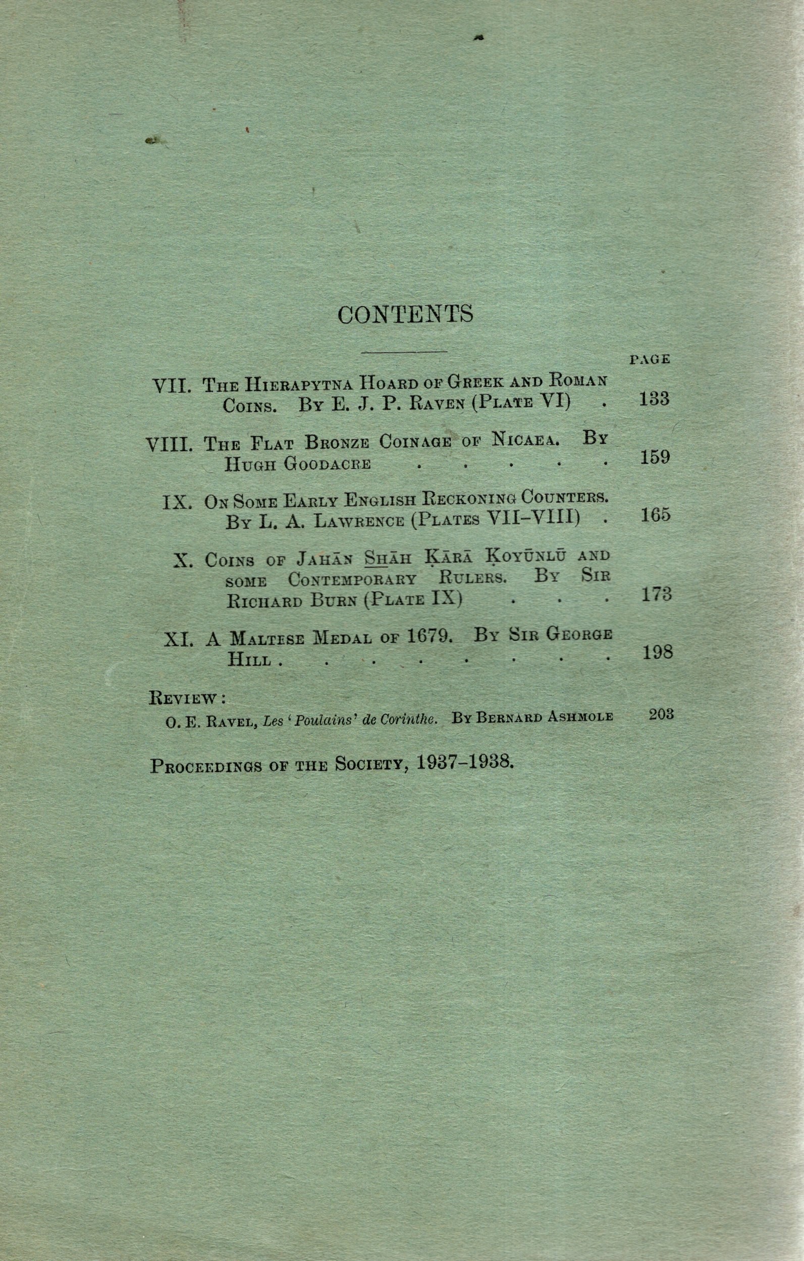NUMISMATIC CHRONICLE, London, Part III, 1938
