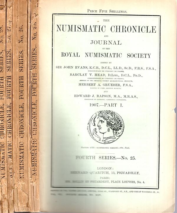 NUMISMATIC CHRONICLE -  London, 4 fascicoli completa1907. Pp 450,+ altre,  plates 13 Legatura ed, sciupata, ,interno buono stato, molto raro e ricercato