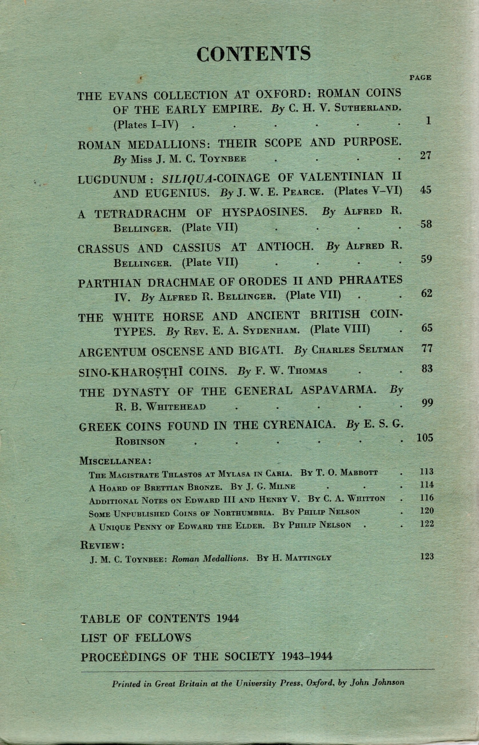 NUMISMATIC CHRONICLE, London, 1944. Parts I-IV, fascicolo unico