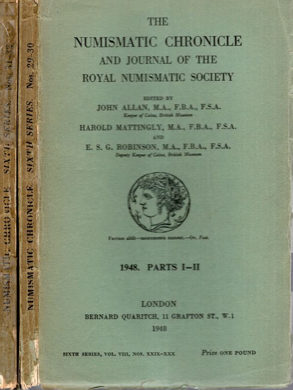 NUMISMATIC CHRONICLE -  London, 1948. parts I-II - III-IV. Completo. 2 fascicoli. Pp 240 + altre, plates 14 + illustrazioni nel testo. Legatura ed sciupata, interno buono stato, molto raro e importantissimo, molto ricercato.