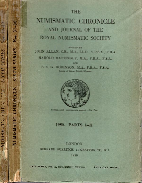 NUMISMATIC CHRONICLE -  London, 1950. parts I-II - III-IV. Completo. 2 fascicoli. Pp 340 + altre, plates 18 + illustrazioni nel testo. Legatura ed sciupata, interno buono stato, molto raro