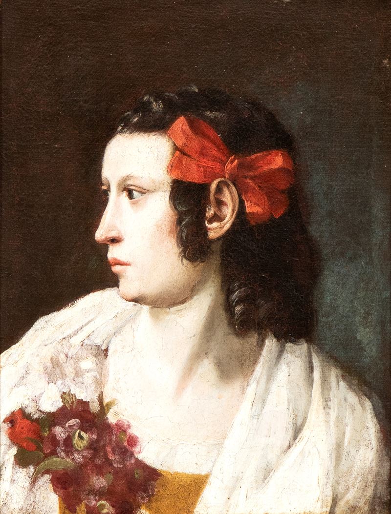 Artista Italiano, XVII - XVIII Secolo - Autore Non Identificato, Ritratto di donna con fiocco ros...