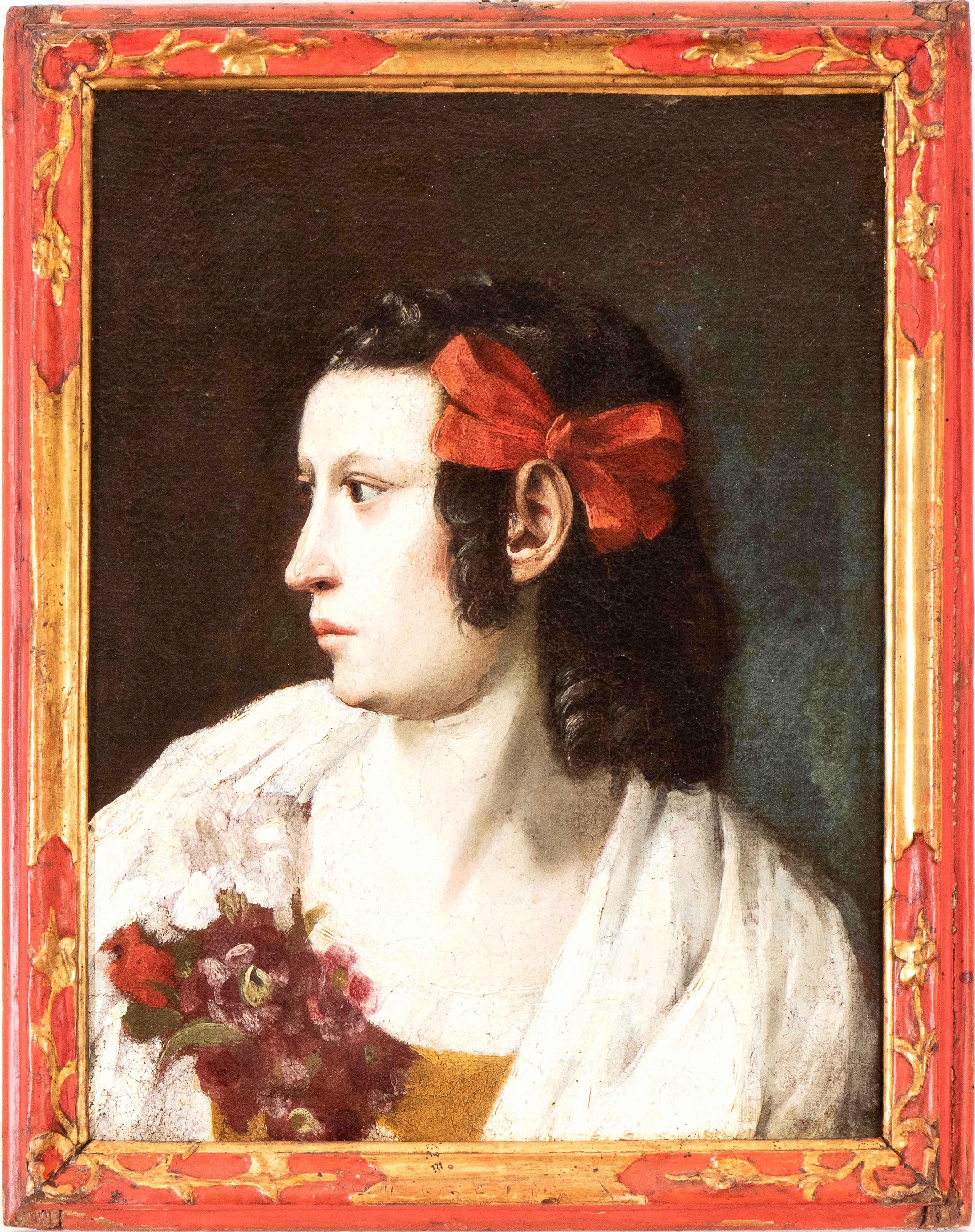 Artista Italiano, XVII - XVIII Secolo - Autore Non Identificato, Ritratto di donna con fiocco ros...
